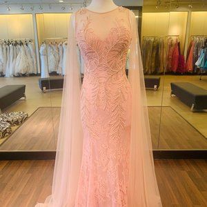 Pink lace gown w/chiffon and cape over shoulders